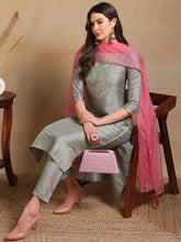 Women Grey Silk Blend Embroidered Straight Kurta Pant Set With Dupatta